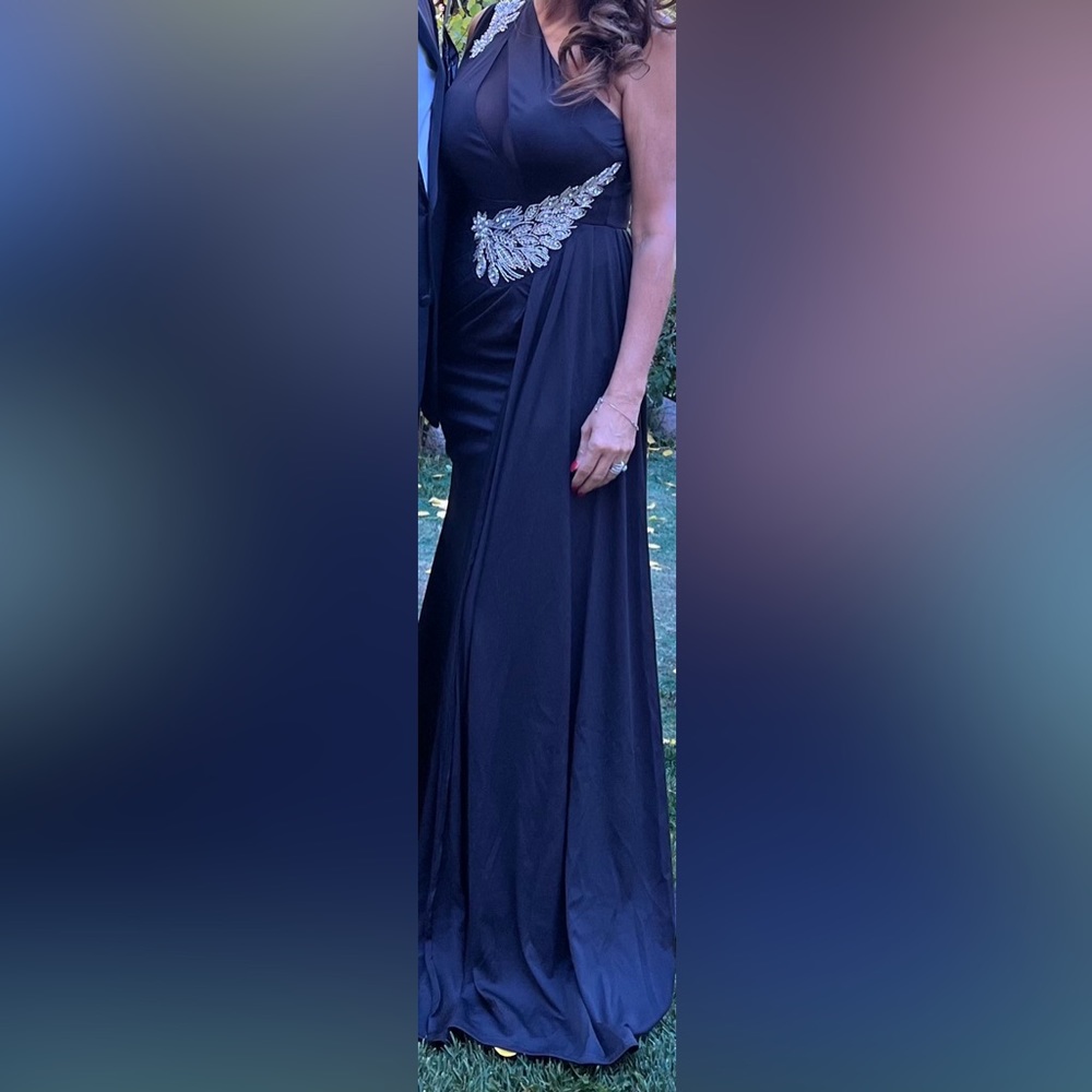 Beautiful one shoulder long dress with sequin on waist and shoulder mesh top